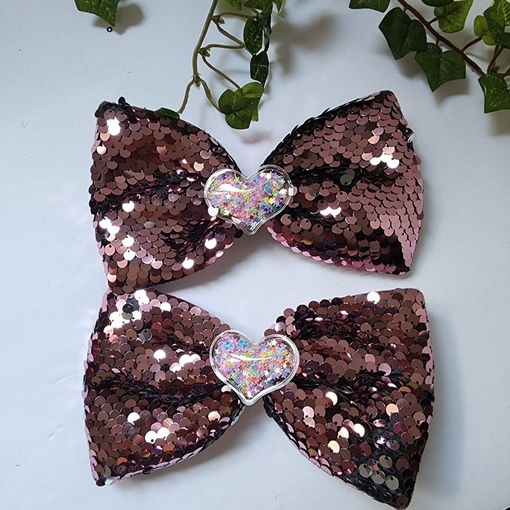 2) Mermaid Flip Sequin Rose Pink Hair Bow Clips